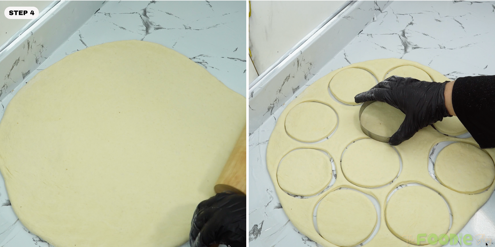 Rolled dough sheet with circles being cut using a round cutter