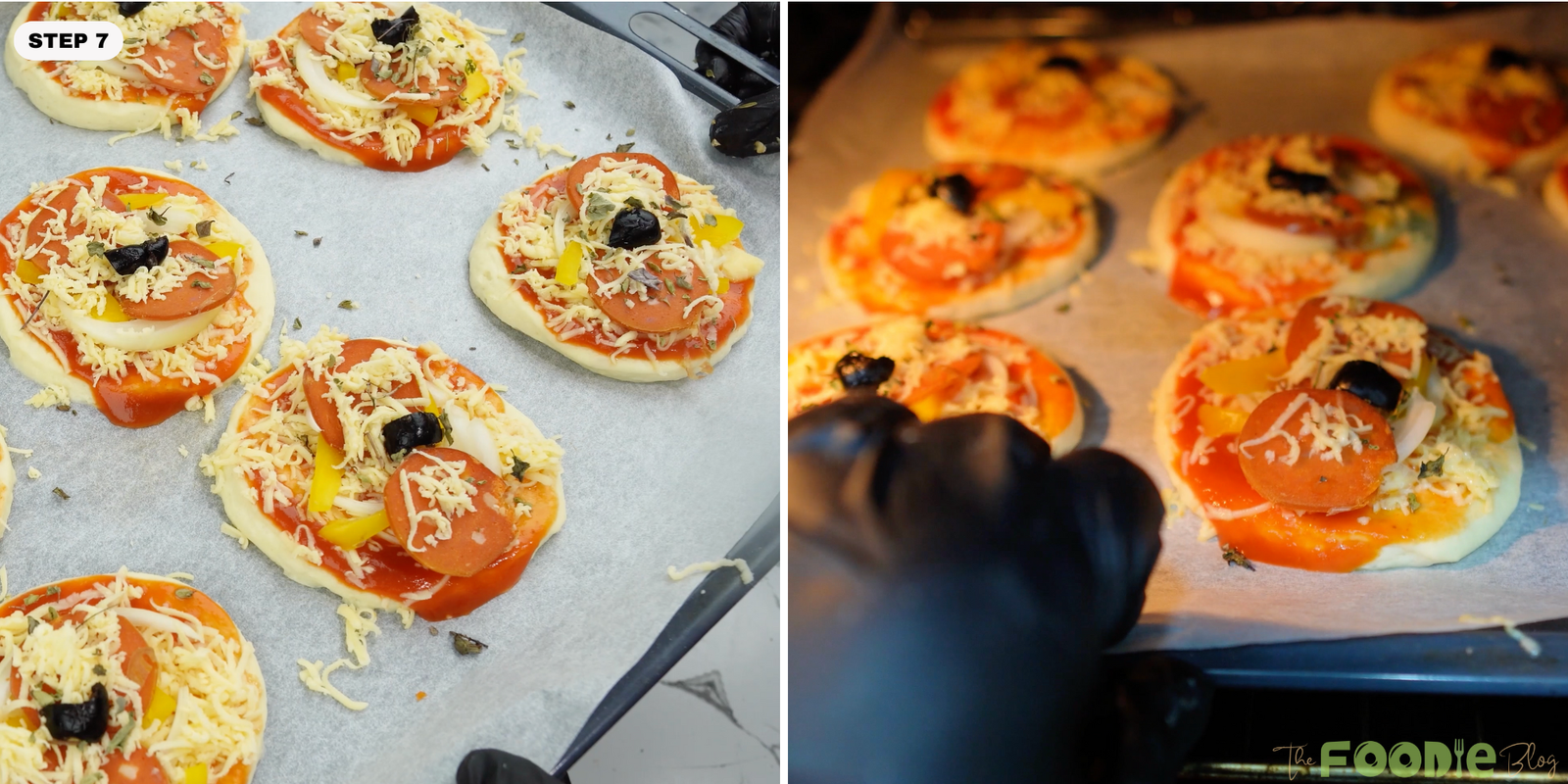 Tray of topped mini pizzas being baked in the oven