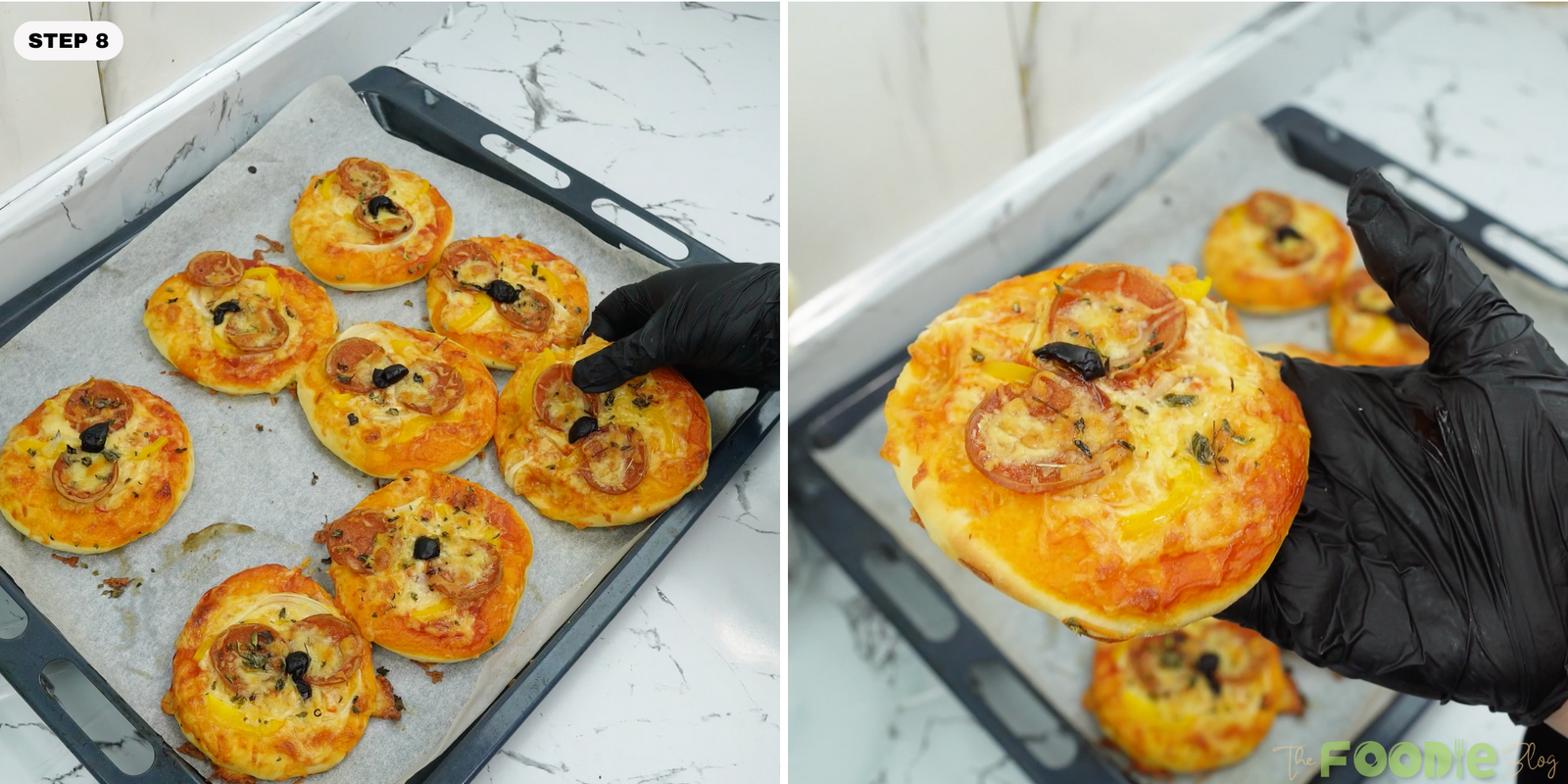 Hand holding a baked mini pepperoni pizza close to the camera