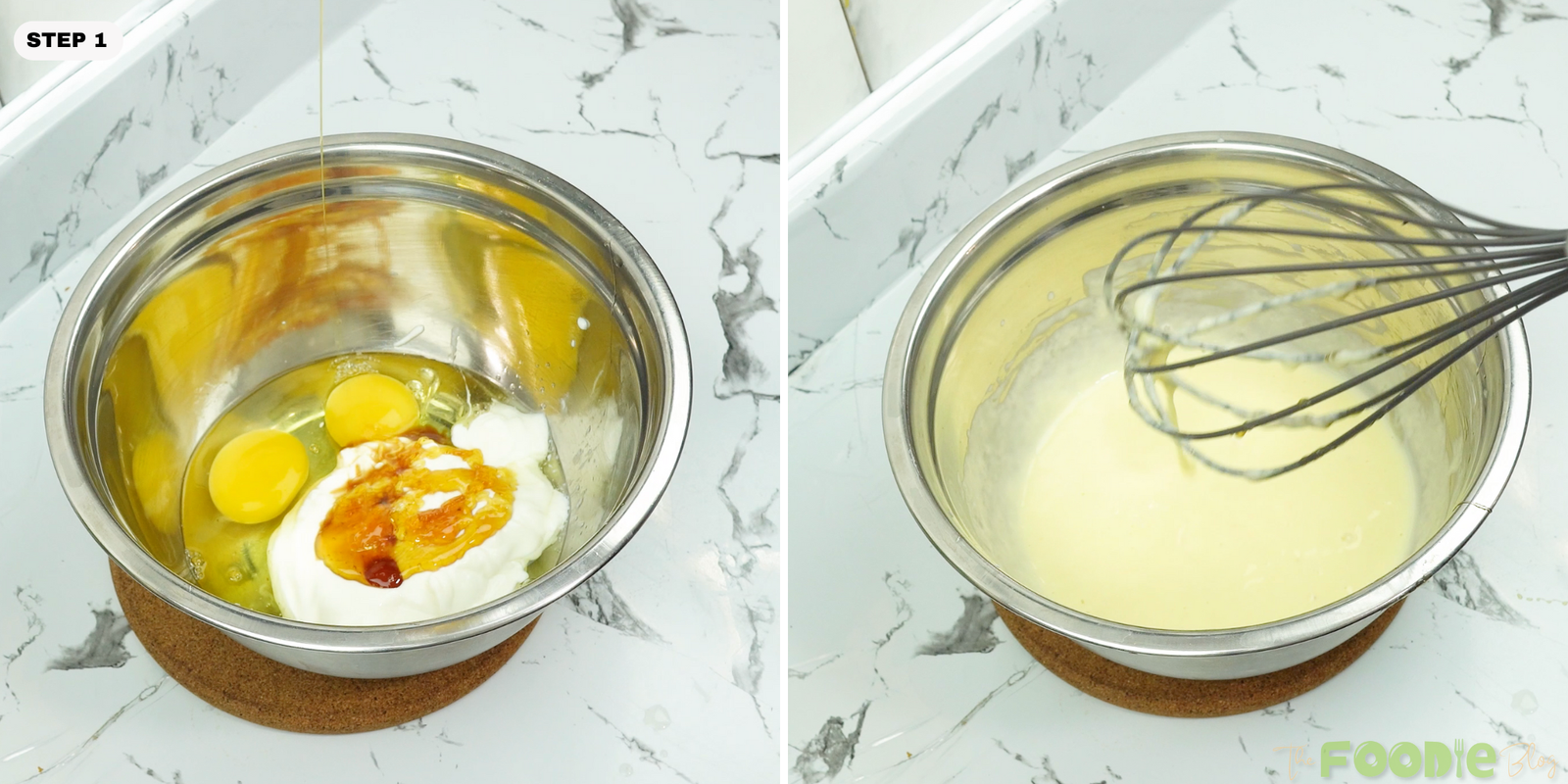 Eggs, yogurt, honey, and vanilla being whisked in a metal mixing bowl