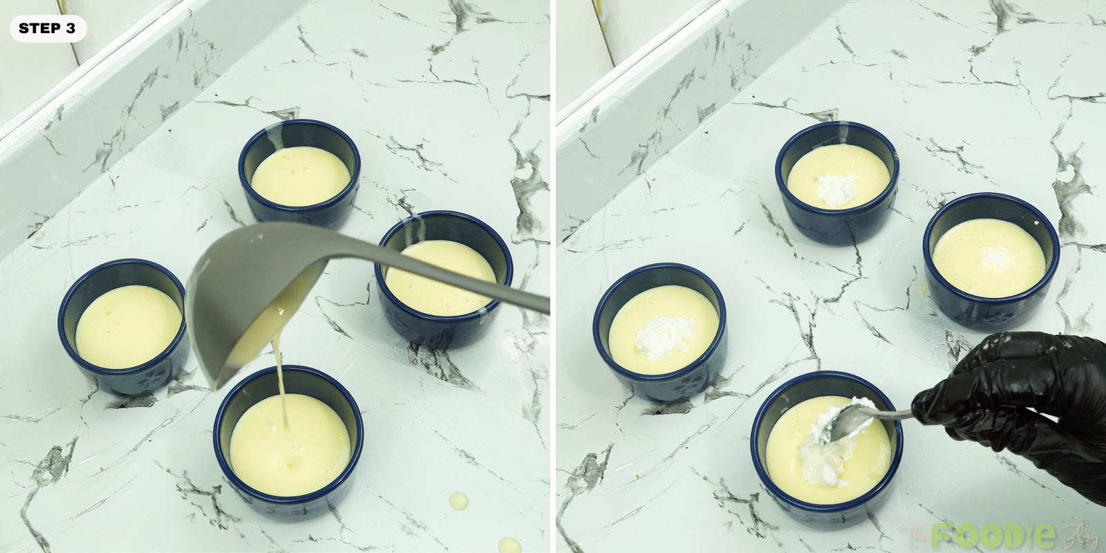 Batter poured into small ramekins with cream cheese added on top