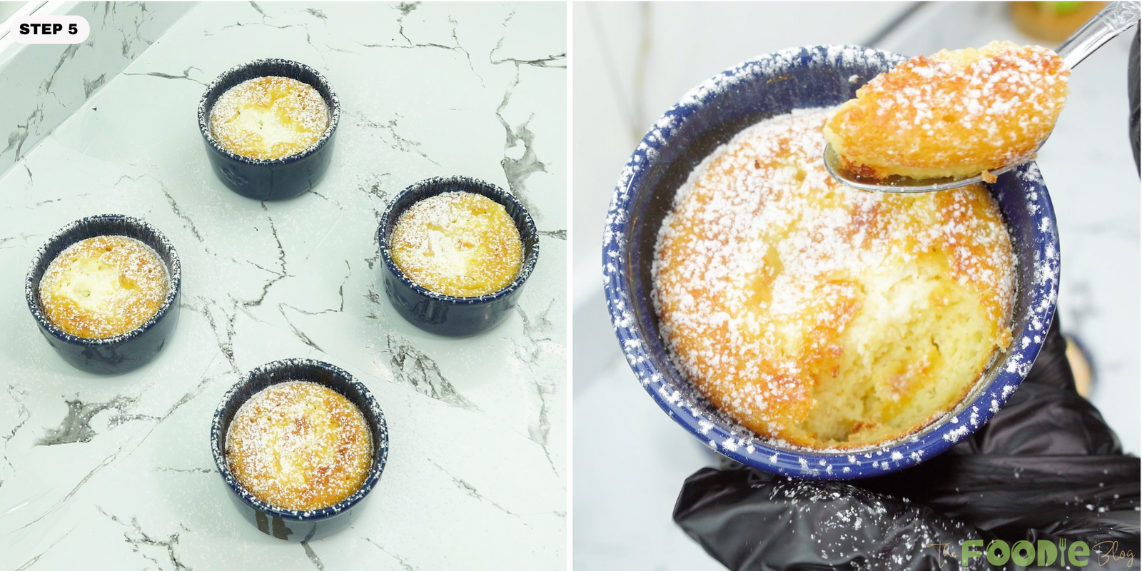 Baked mini cakes dusted and a spoon lifting a bite from a ramekin