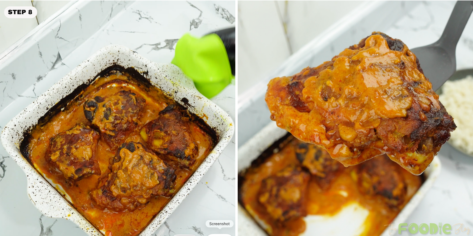 Baked butter chicken in a baking dish with a spoonful of sauce-coated chicken lifted up