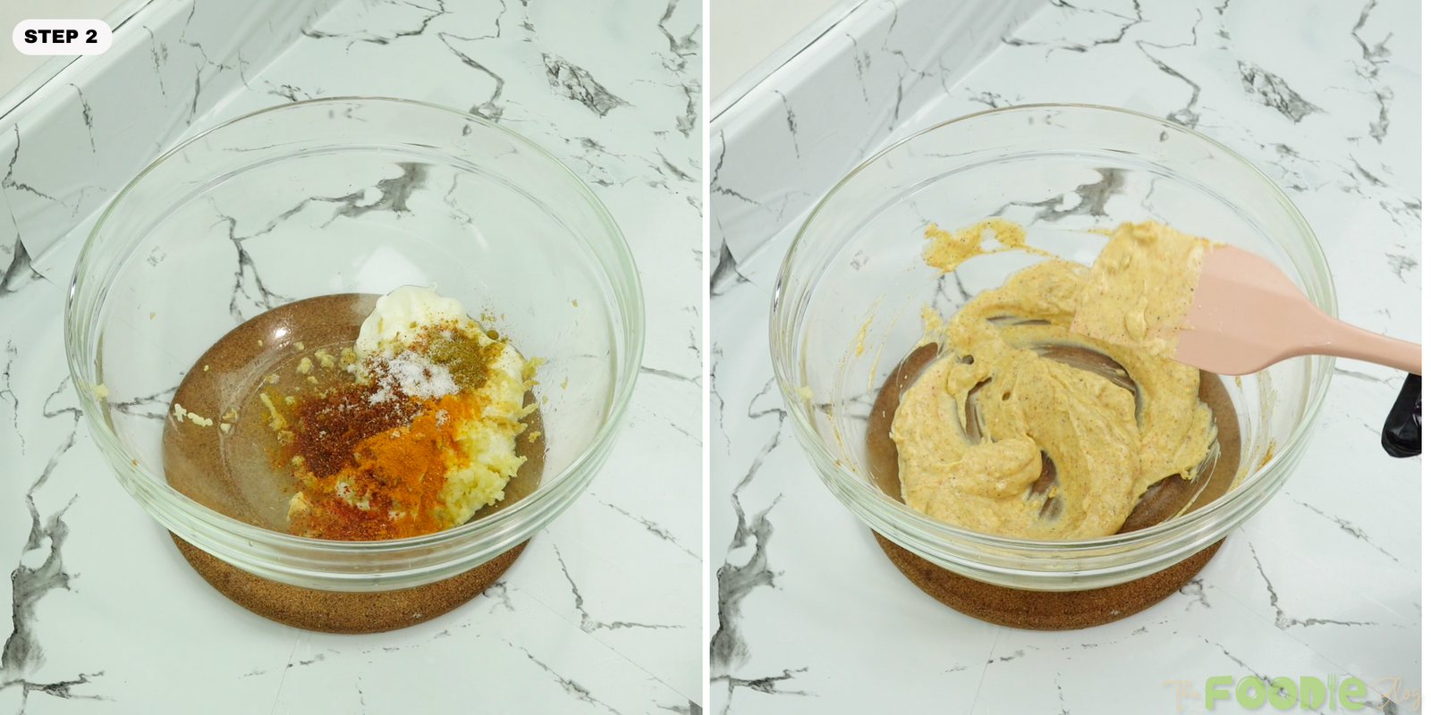 Yogurt, spices, ginger, and garlic mixed in a glass bowl