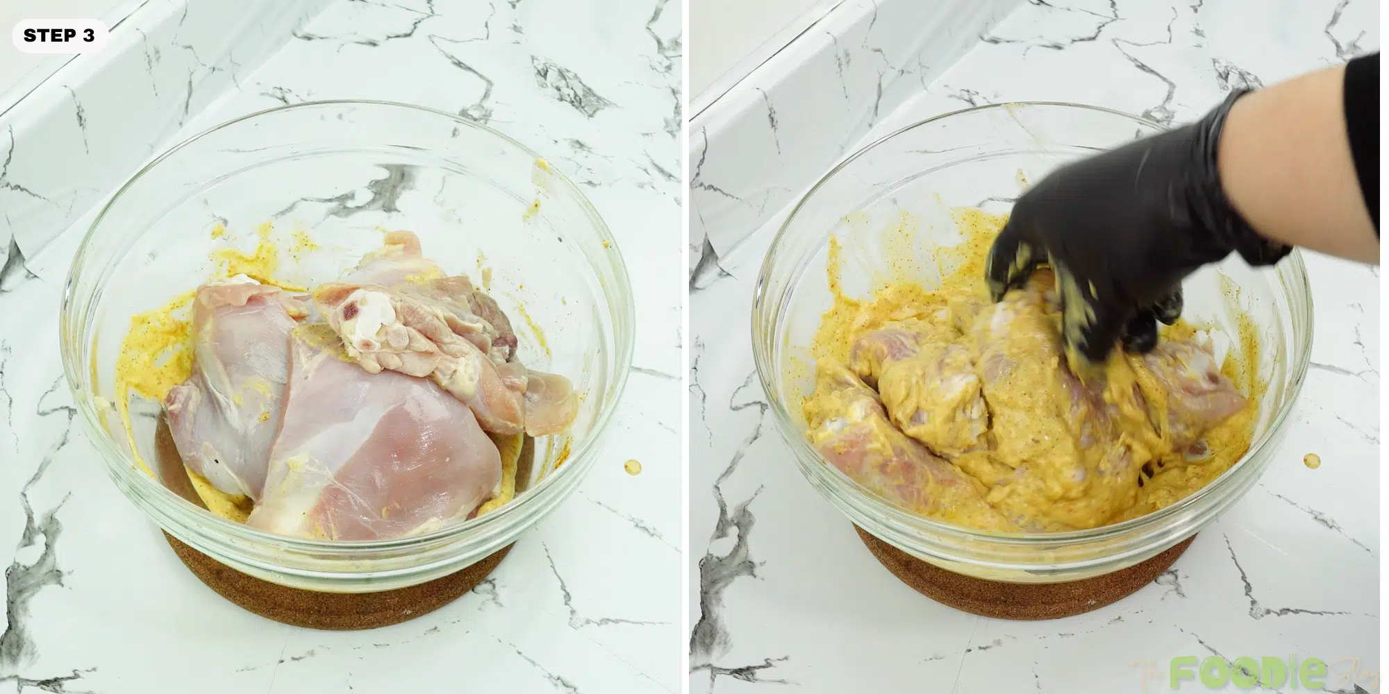 Chicken thighs being coated in a yellow yogurt spice mixture in a bowl