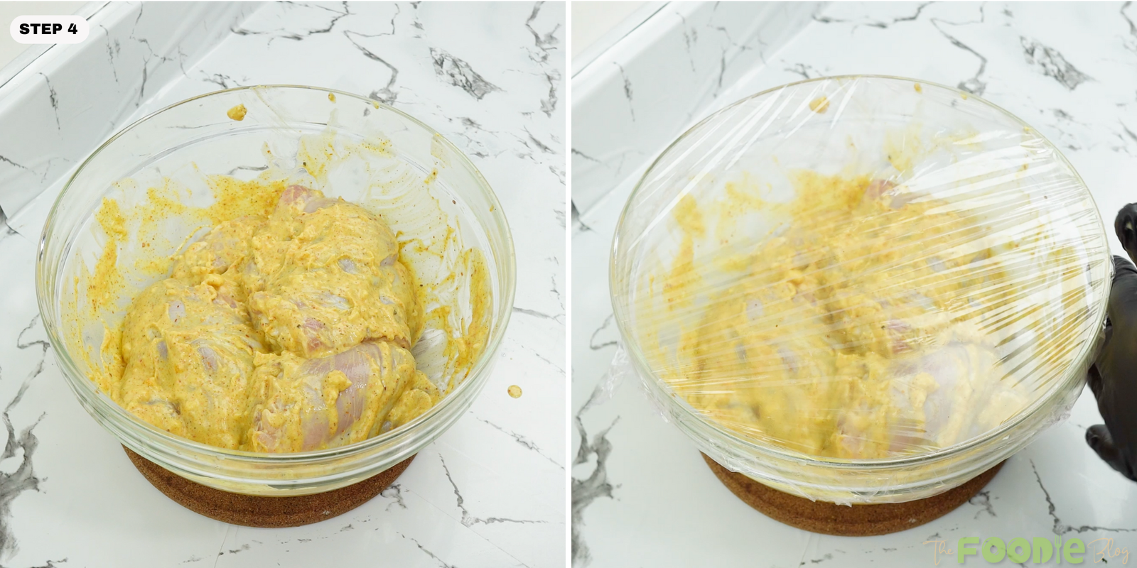 Bowl of coated chicken thighs covered with plastic wrap