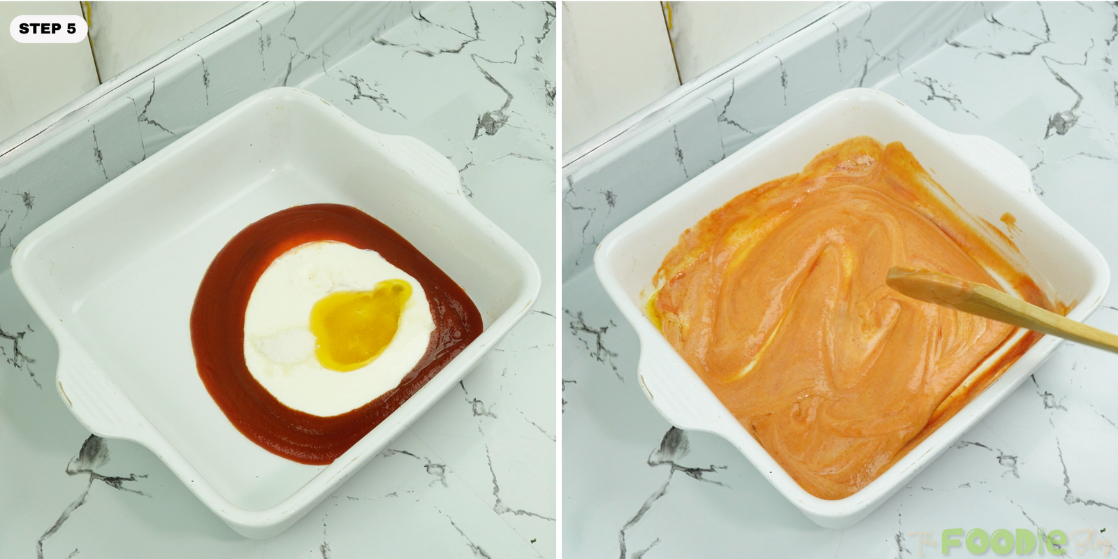Tomato passata, cream, and butter mixed into a creamy sauce in a baking dish
