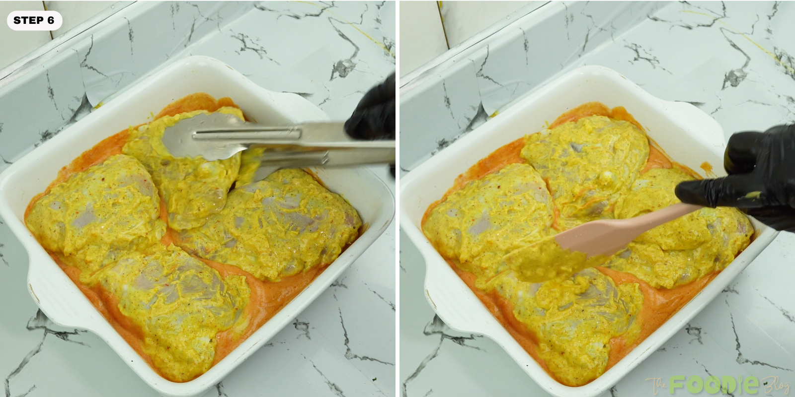 Coated chicken thighs placed into creamy tomato sauce in a baking dish