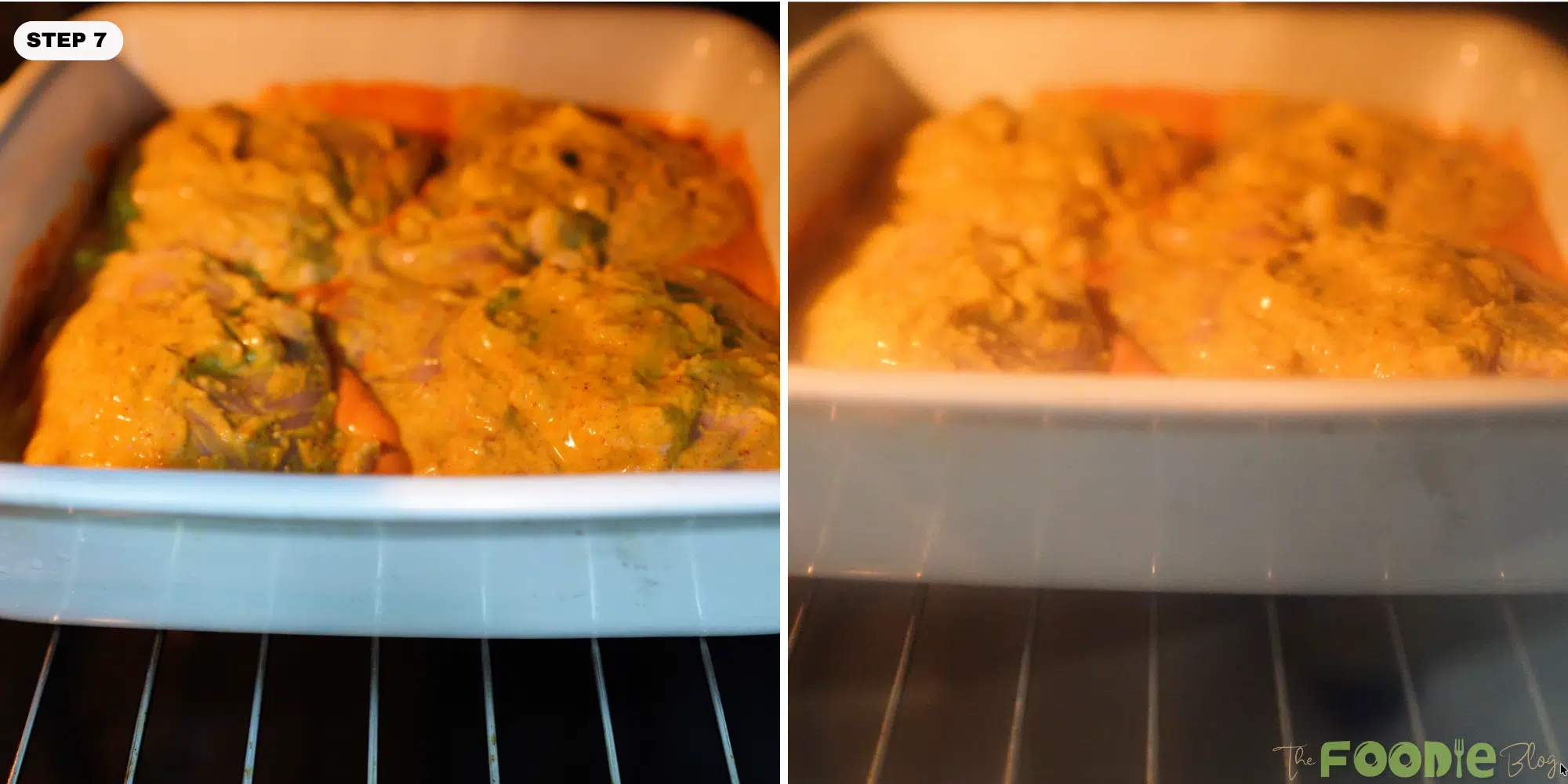 Baking dish of coated chicken thighs cooking in the oven