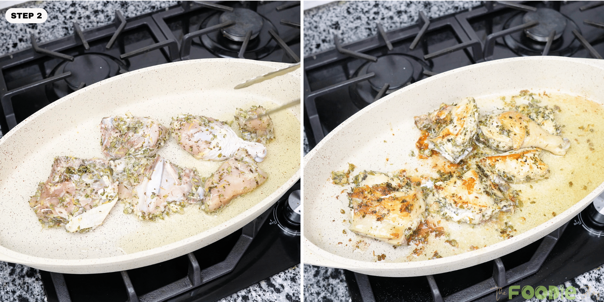 Chicken pieces searing in a skillet with herbs and oil on a stovetop
