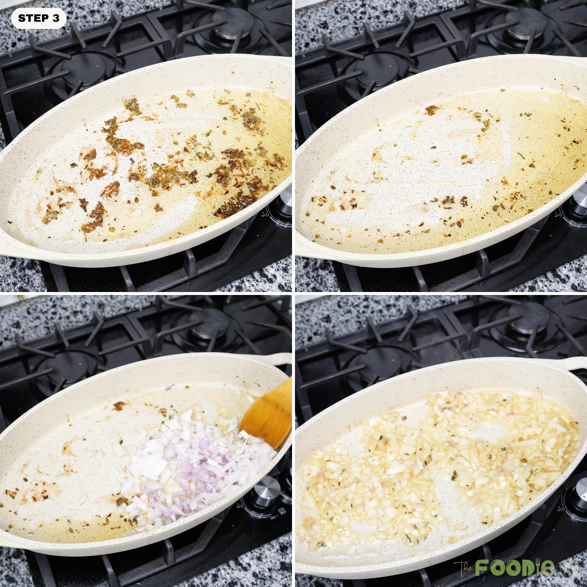 Chopped onion sautéing in the same pan with leftover browned bits and oil