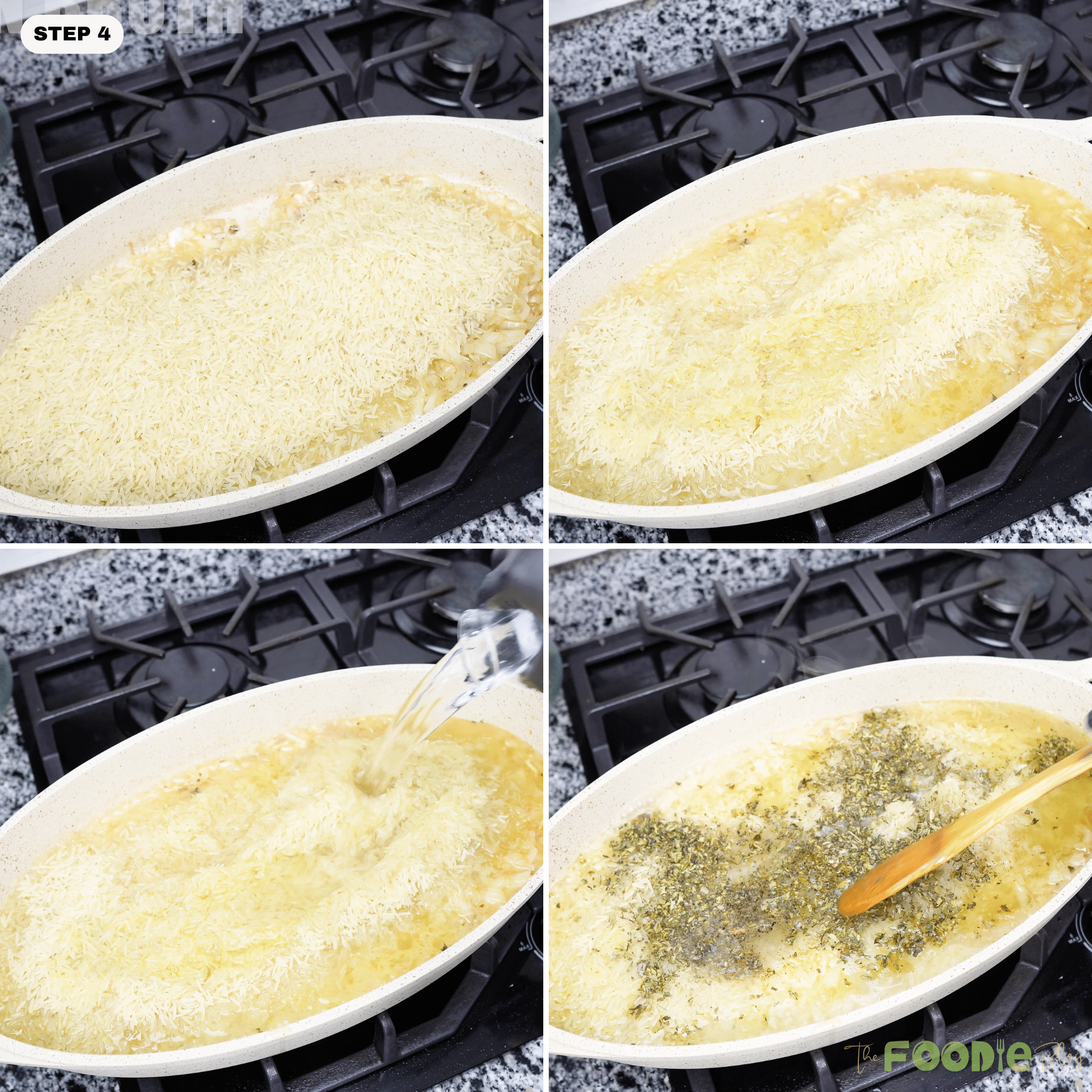 Long grain rice added to a pan with broth and seasonings for one pot rice