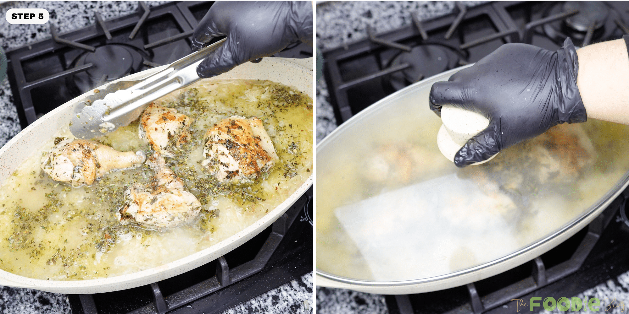 Pan covered with a lid while chicken and rice cook together in one pot