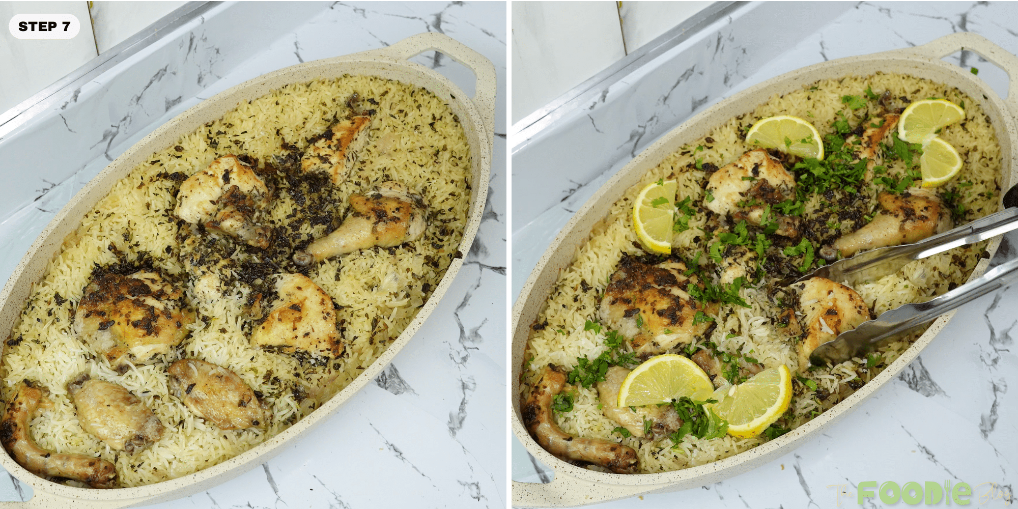 One pot chicken and rice garnished with lemon slices and chopped parsley in the pan