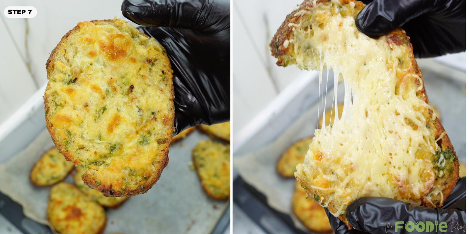Holding a slice of oven baked egg toast with melted mozzarella stretching