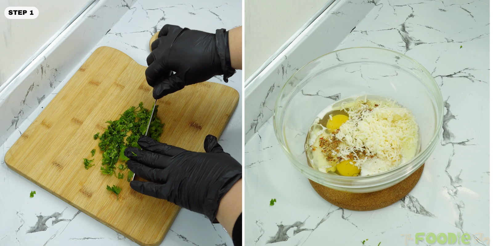 Chopping parsley and a bowl with eggs, milk, seasonings, and mozzarella