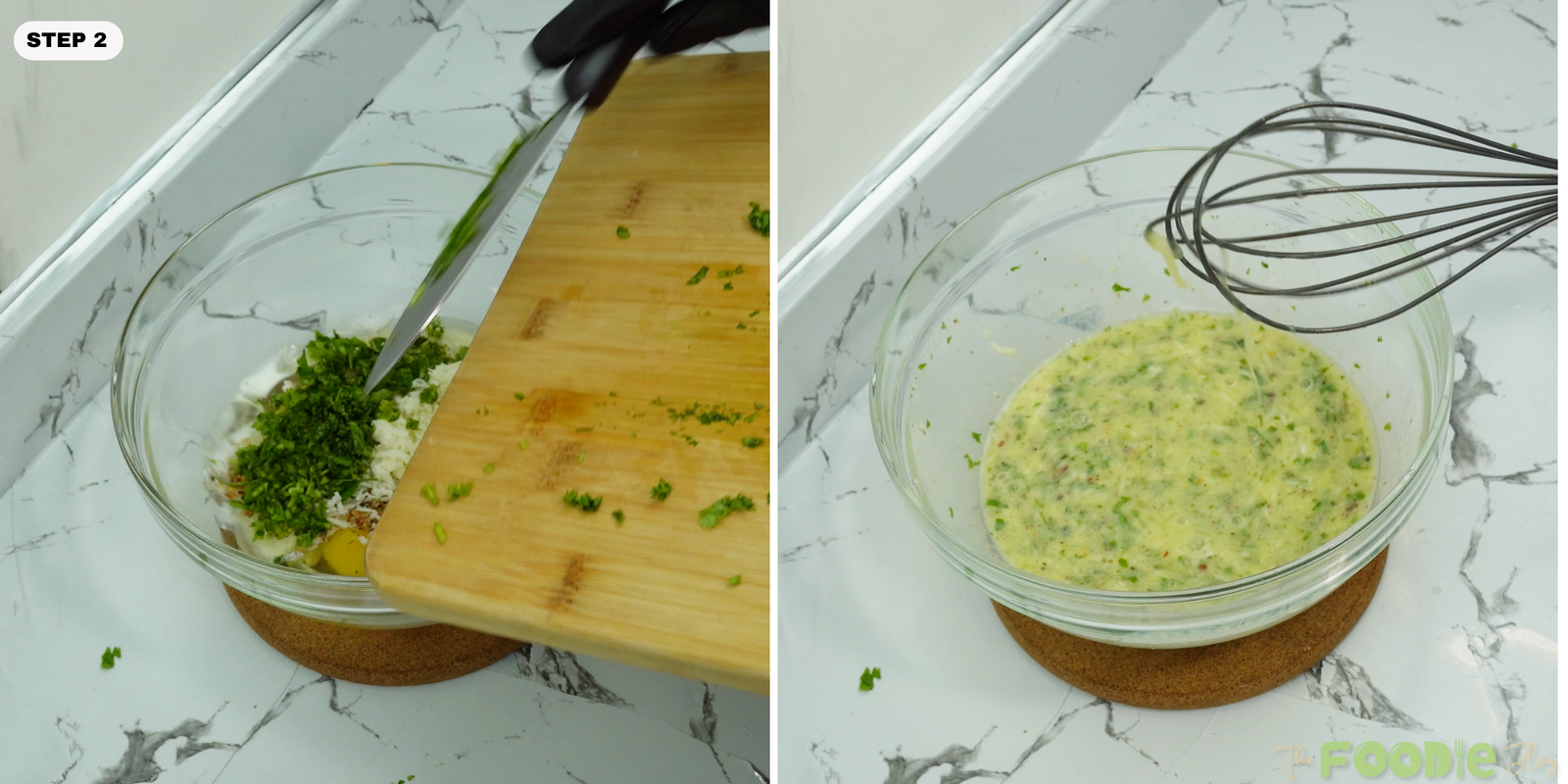 Adding chopped parsley to the bowl and whisking the egg mixture until combined