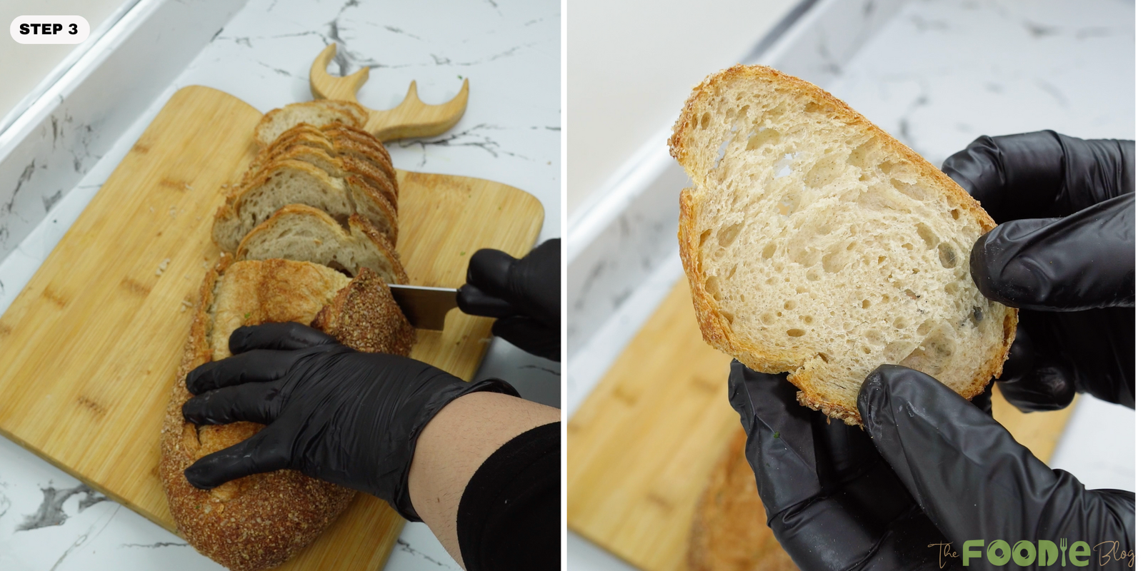 Slicing bread on a cutting board and holding a slice of toast bread