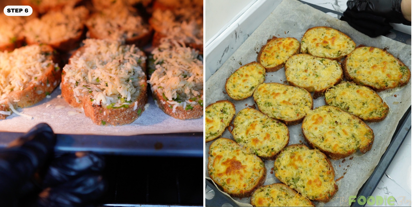 Cheese-topped bread slices baking and then finished golden oven baked egg toast on the tray