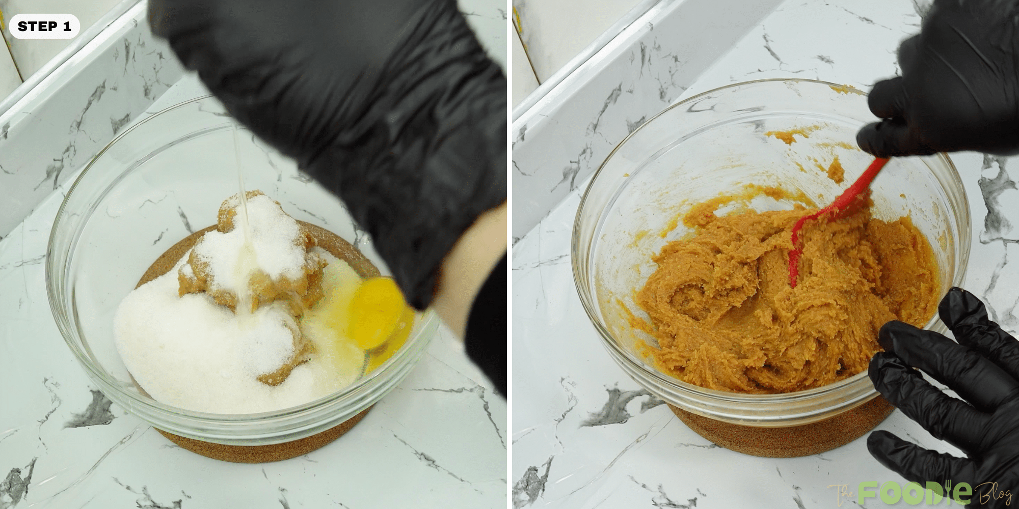Sugar, egg, and peanut butter being combined in a glass bowl