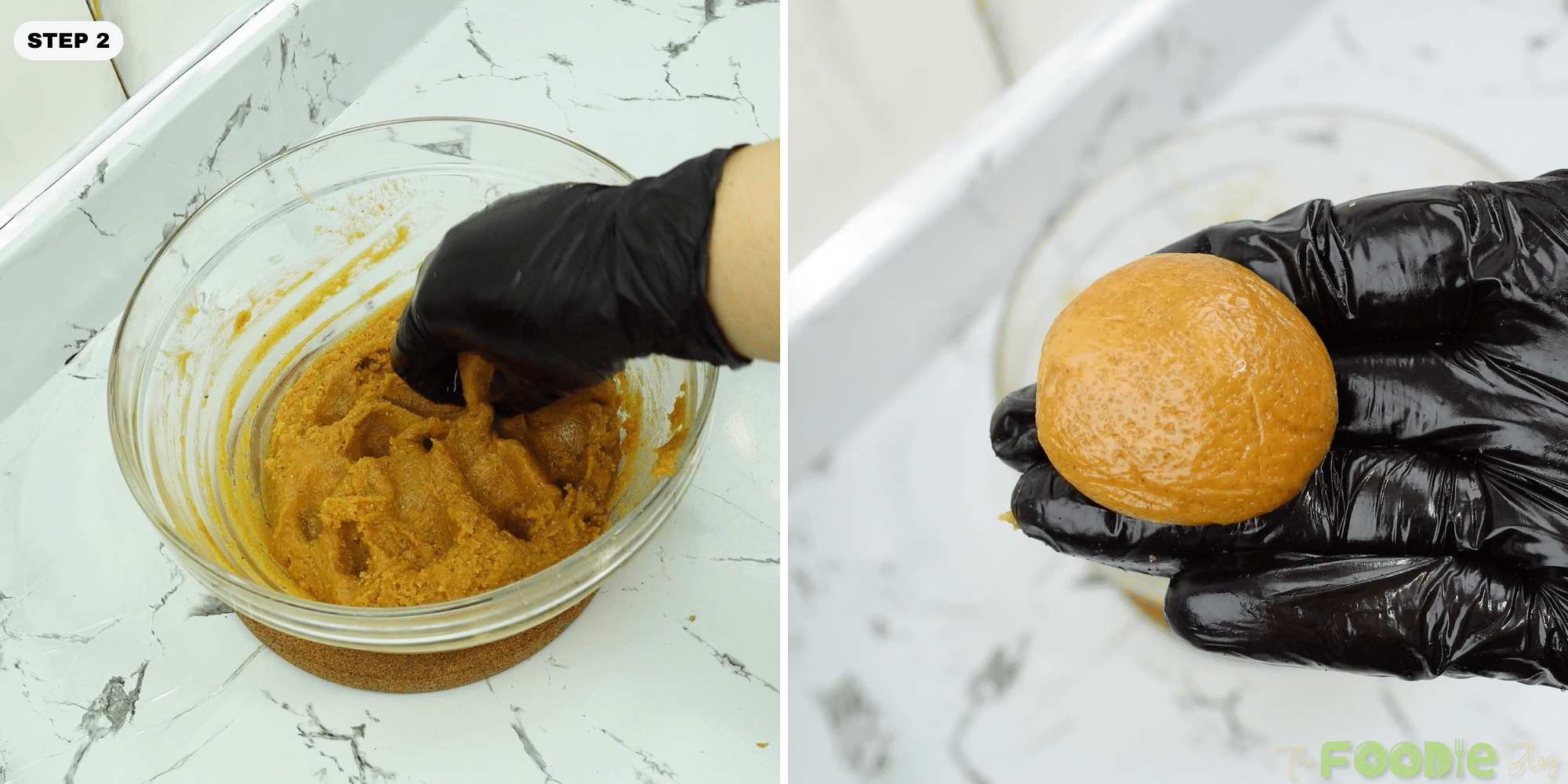 Peanut butter cookie dough being rolled into a smooth ball by hand