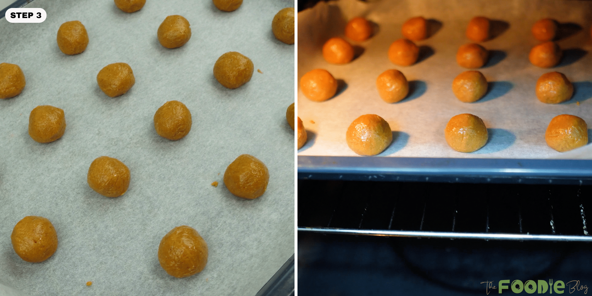 Peanut butter cookie dough balls spaced on parchment paper and placed in the oven