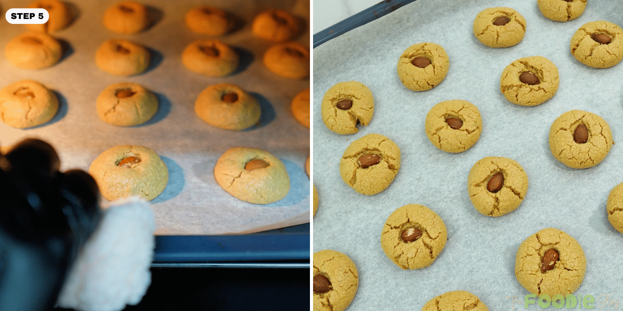 Almond-topped cookies baking in the oven and a tray of finished cookies