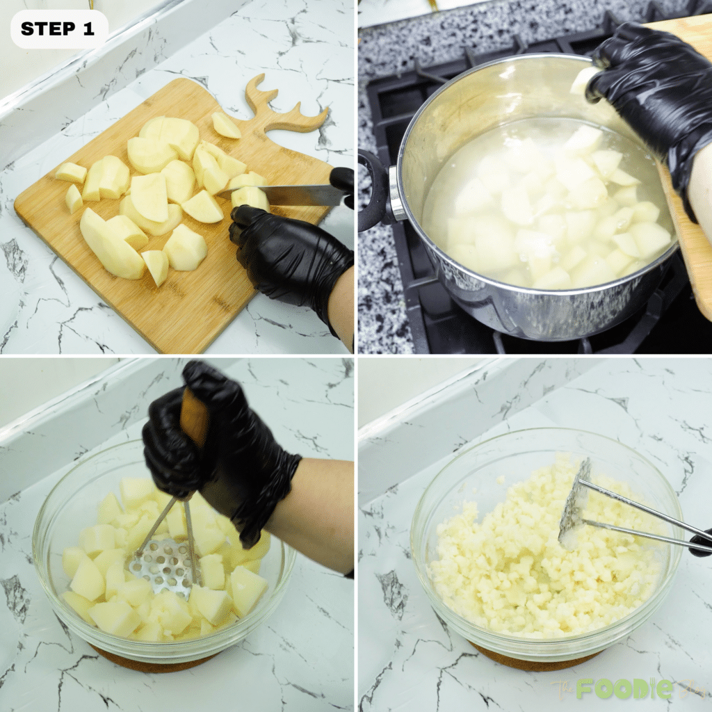 Peeled potatoes being cut, boiled, and mashed in a bowl