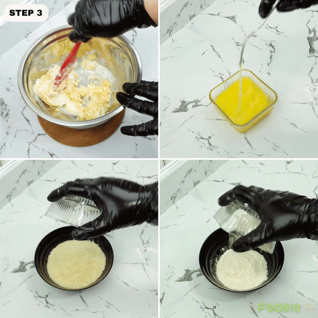 Cream cheese and mozzarella being mixed and coating bowls set up