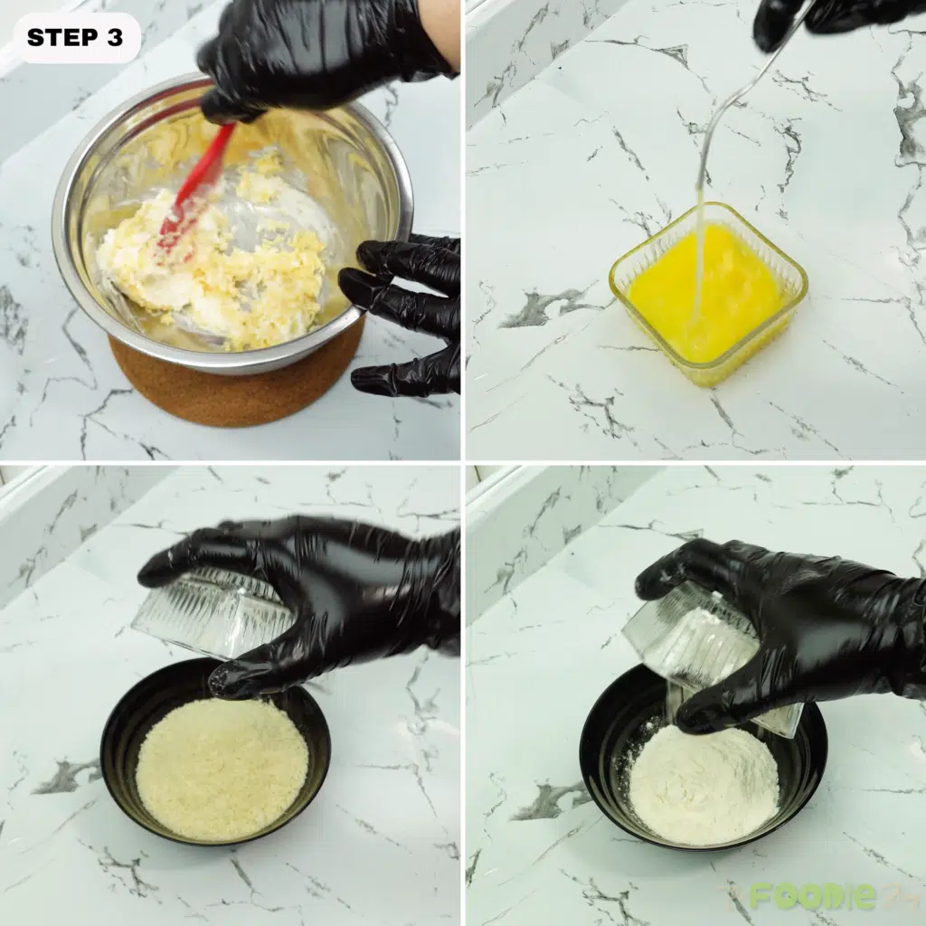 Cream cheese and mozzarella being mixed and coating bowls set up
