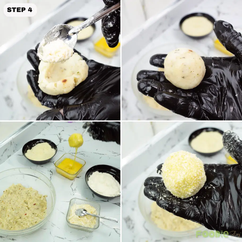Potato mixture being filled with cheese, shaped, and coated in breadcrumbs