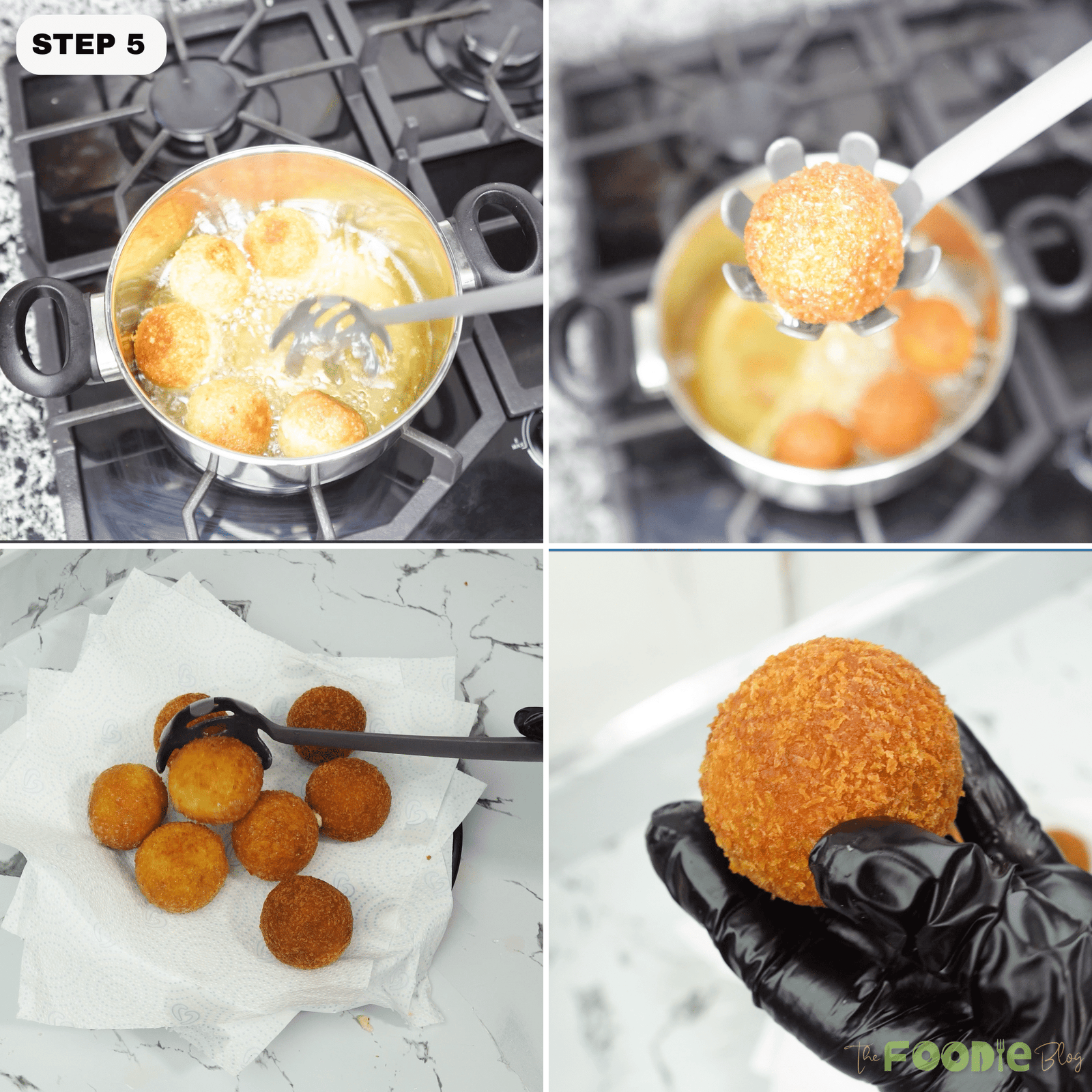 Potato cheese balls frying in hot oil and draining on paper towels