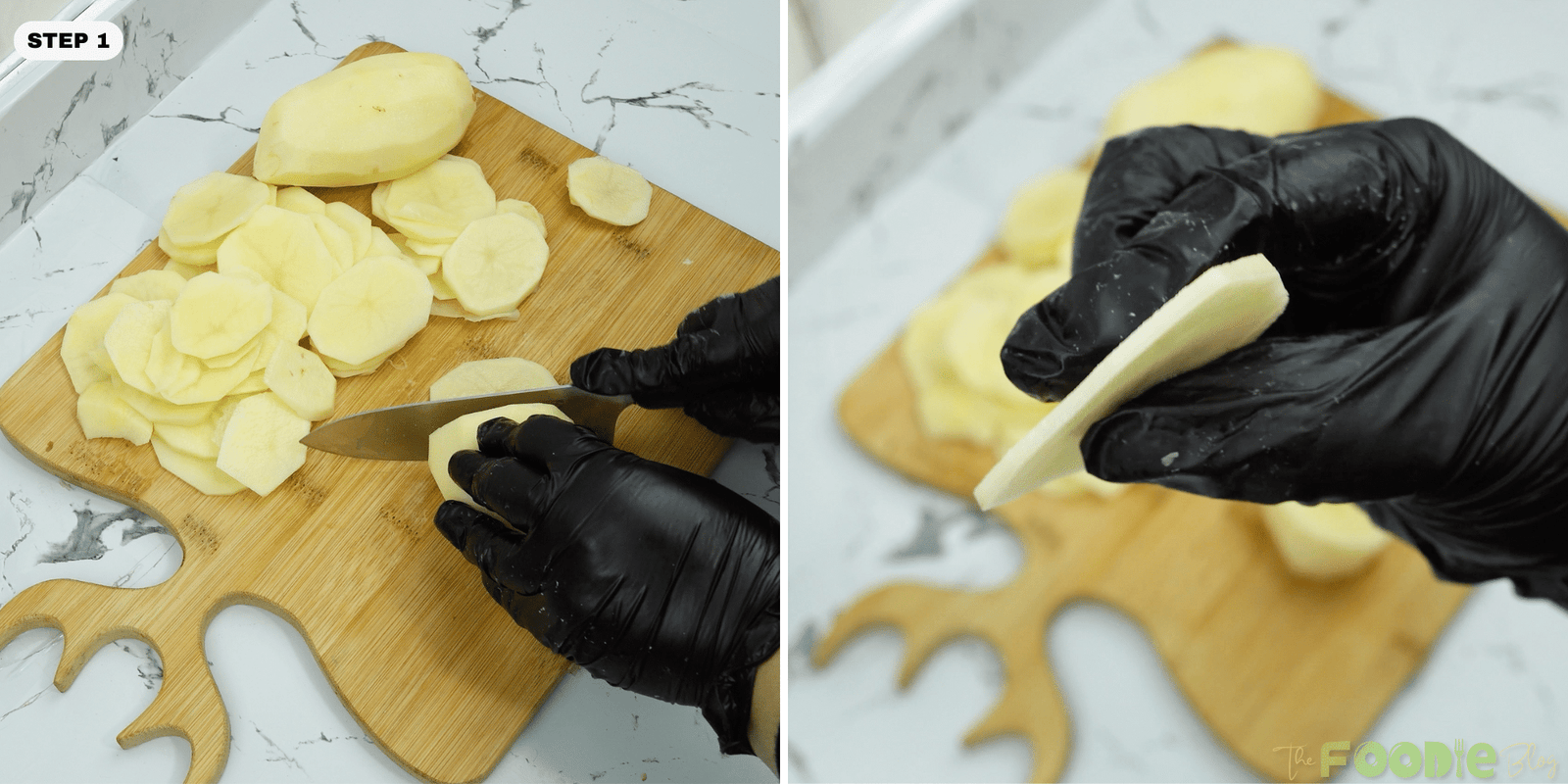 Thin potato slices on a cutting board with a knife and a close-up of one slice thickness