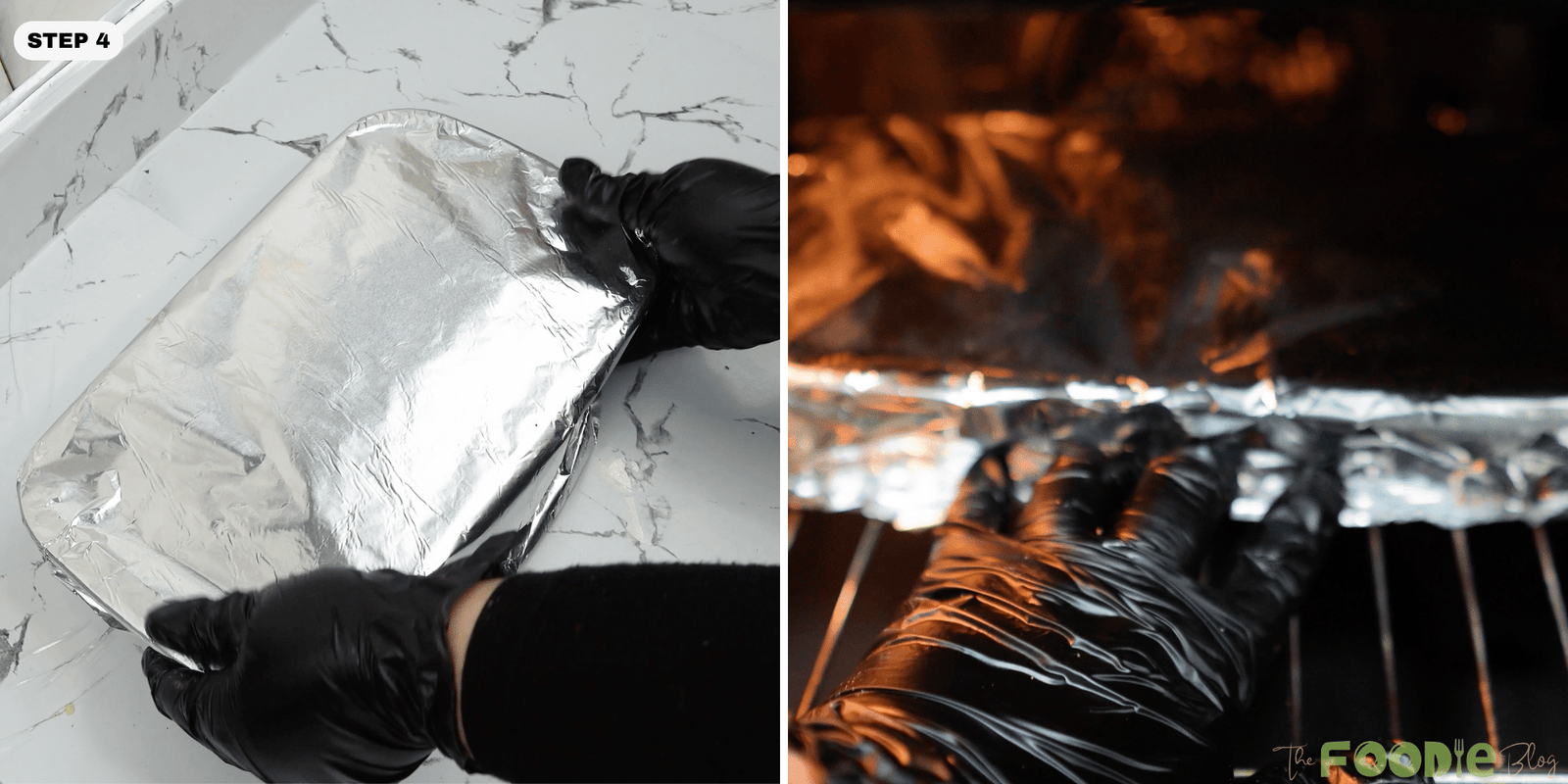 Baking dish covered with foil and placed into the oven on a rack