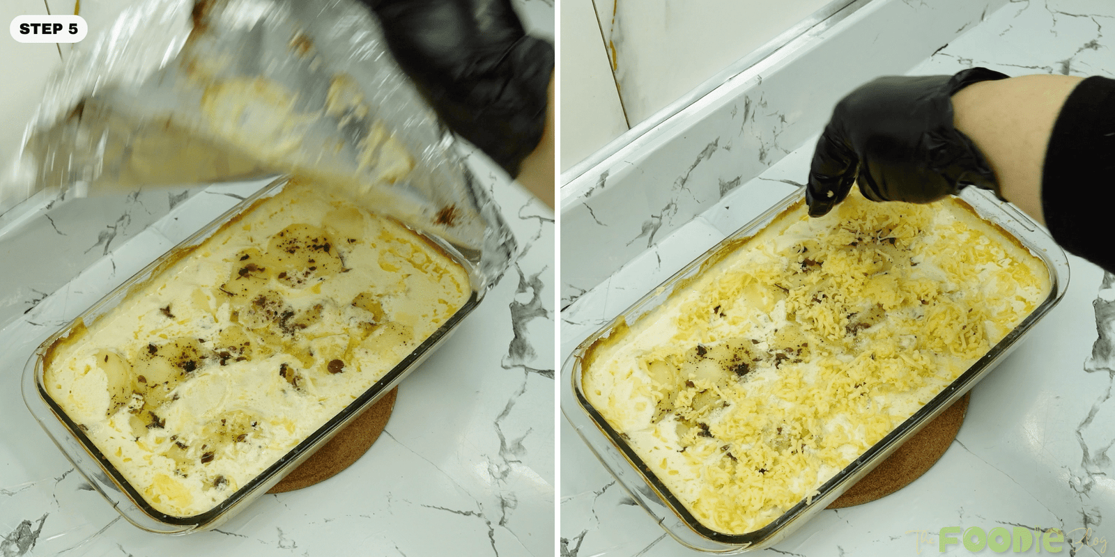Foil removed from the baking dish and shredded Gruyère sprinkled over the surface