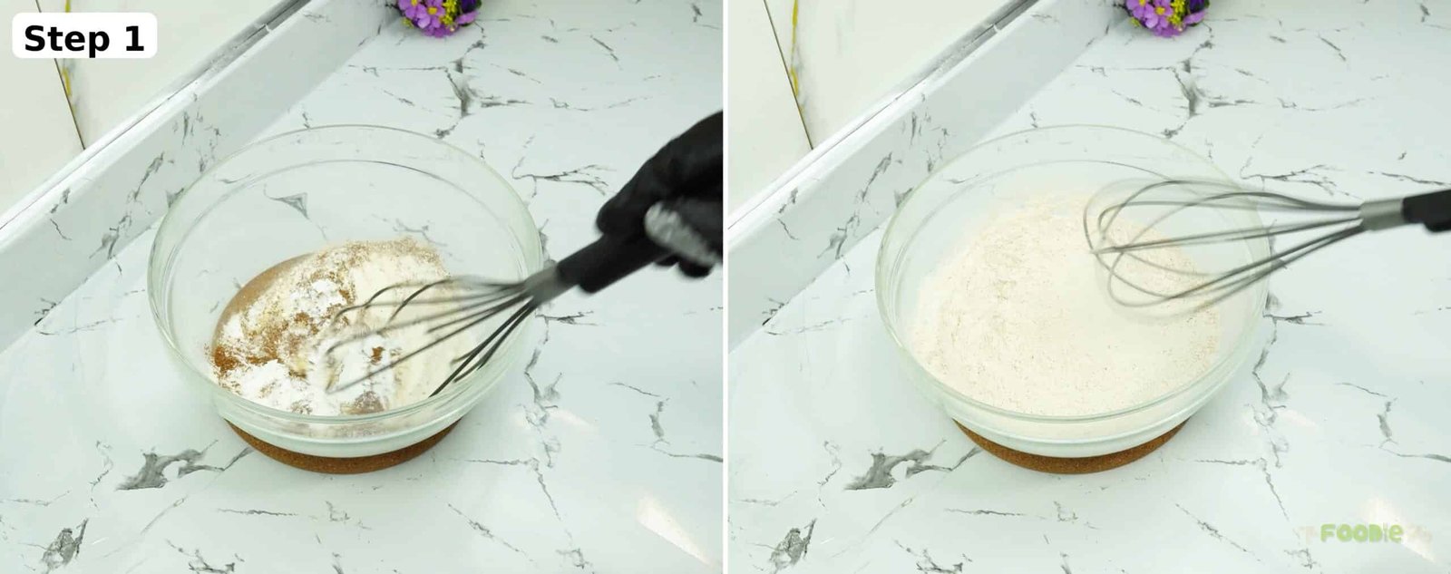 Whisking flour and spices together in a glass bowl