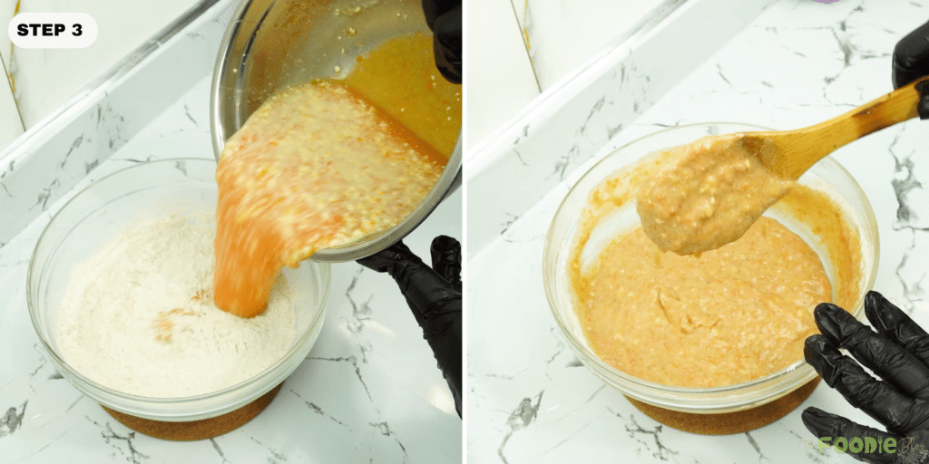 Pouring wet mixture into dry ingredients and stirring to form pumpkin bread batter