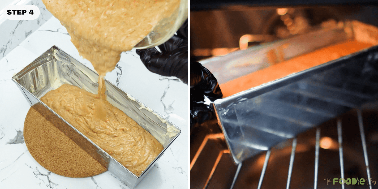 Pumpkin bread batter poured into a loaf pan and placed into the oven