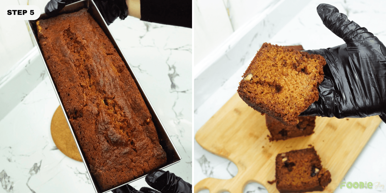 Baked pumpkin bread loaf in the pan with a sliced piece showing the crumb