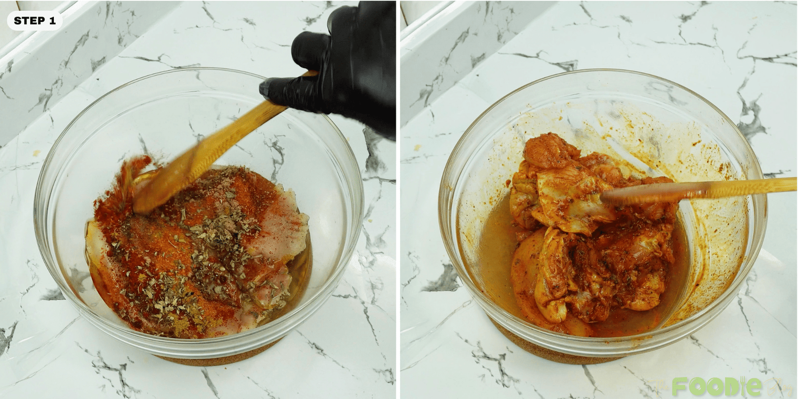 Chicken thighs in a bowl being mixed with olive oil and spices