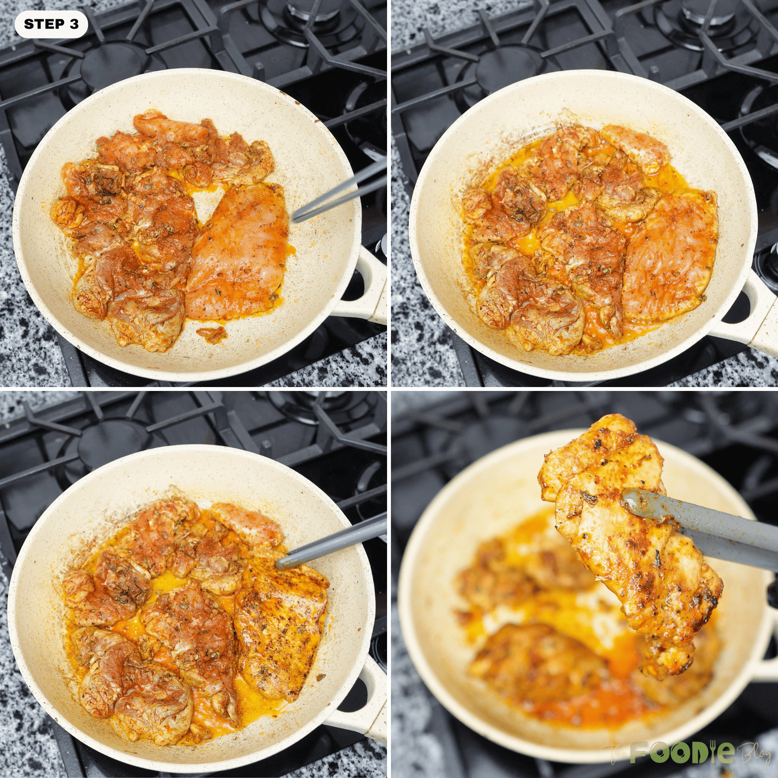 Seasoned chicken pieces browning in a skillet