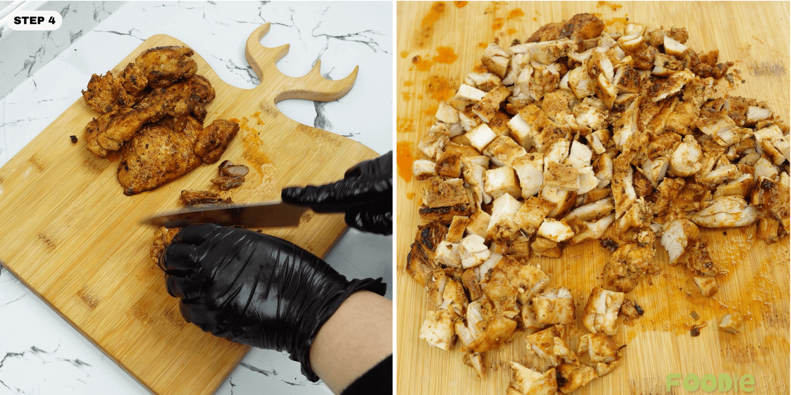 Cooked chicken being chopped into small pieces on a cutting board