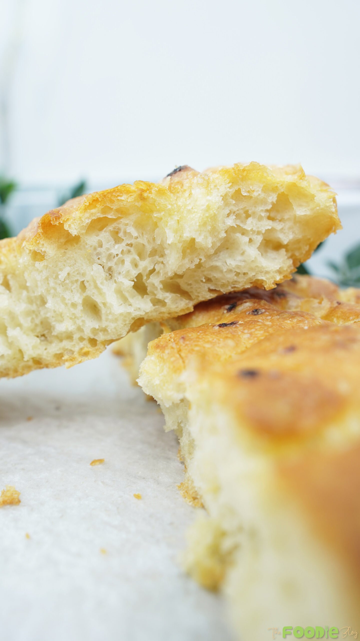 Close-up of the airy crumb and crisp crust of focaccia-style bread