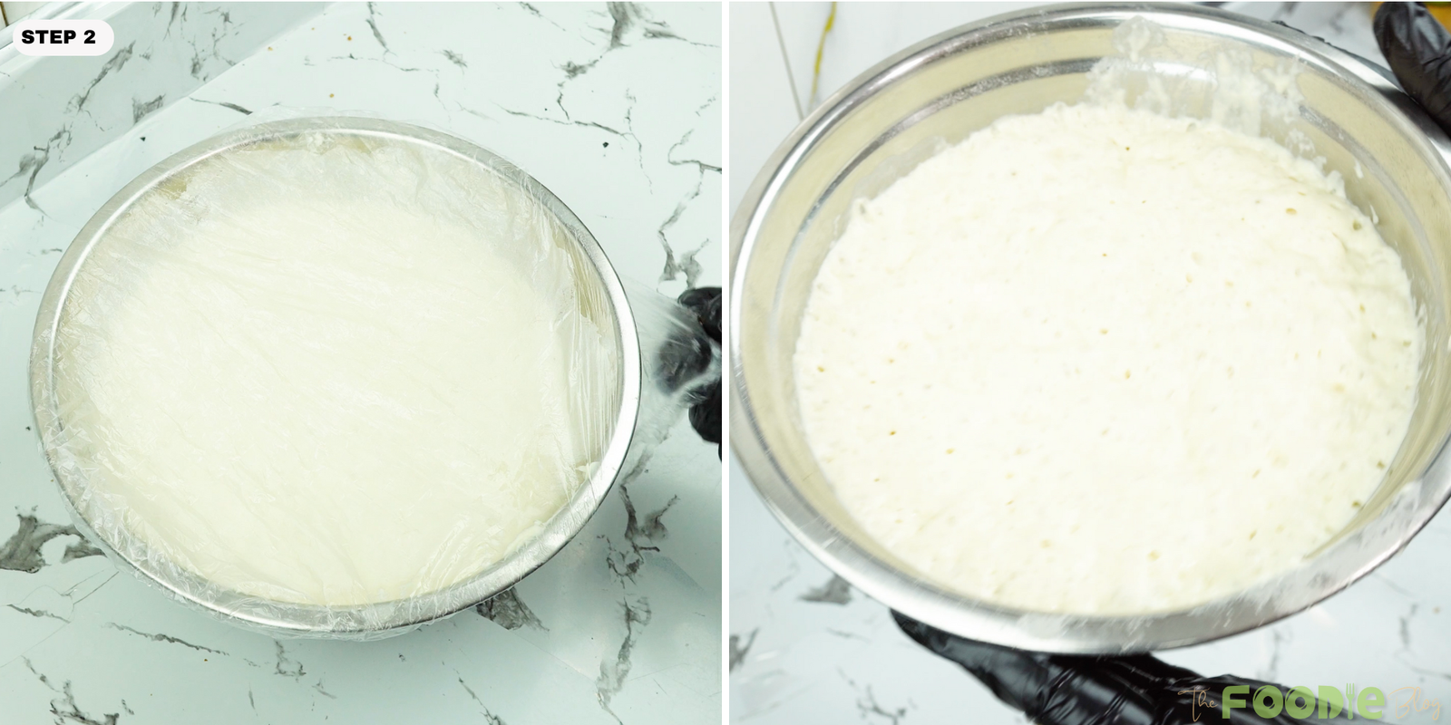 Bowl of risen dough showing bubbles and an airy surface after resting