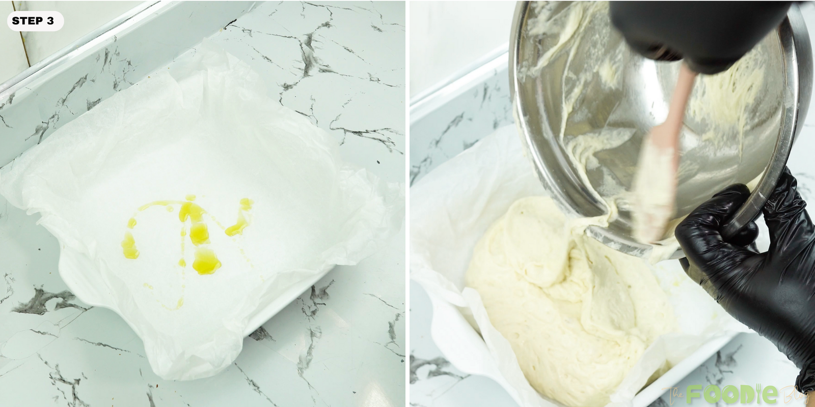 Olive oil drizzled on parchment in a baking dish and dough being scraped in