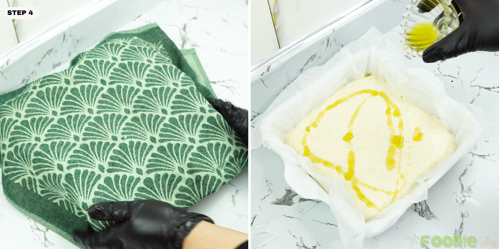 Dough resting in a parchment-lined dish with olive oil drizzled on top and a towel nearby