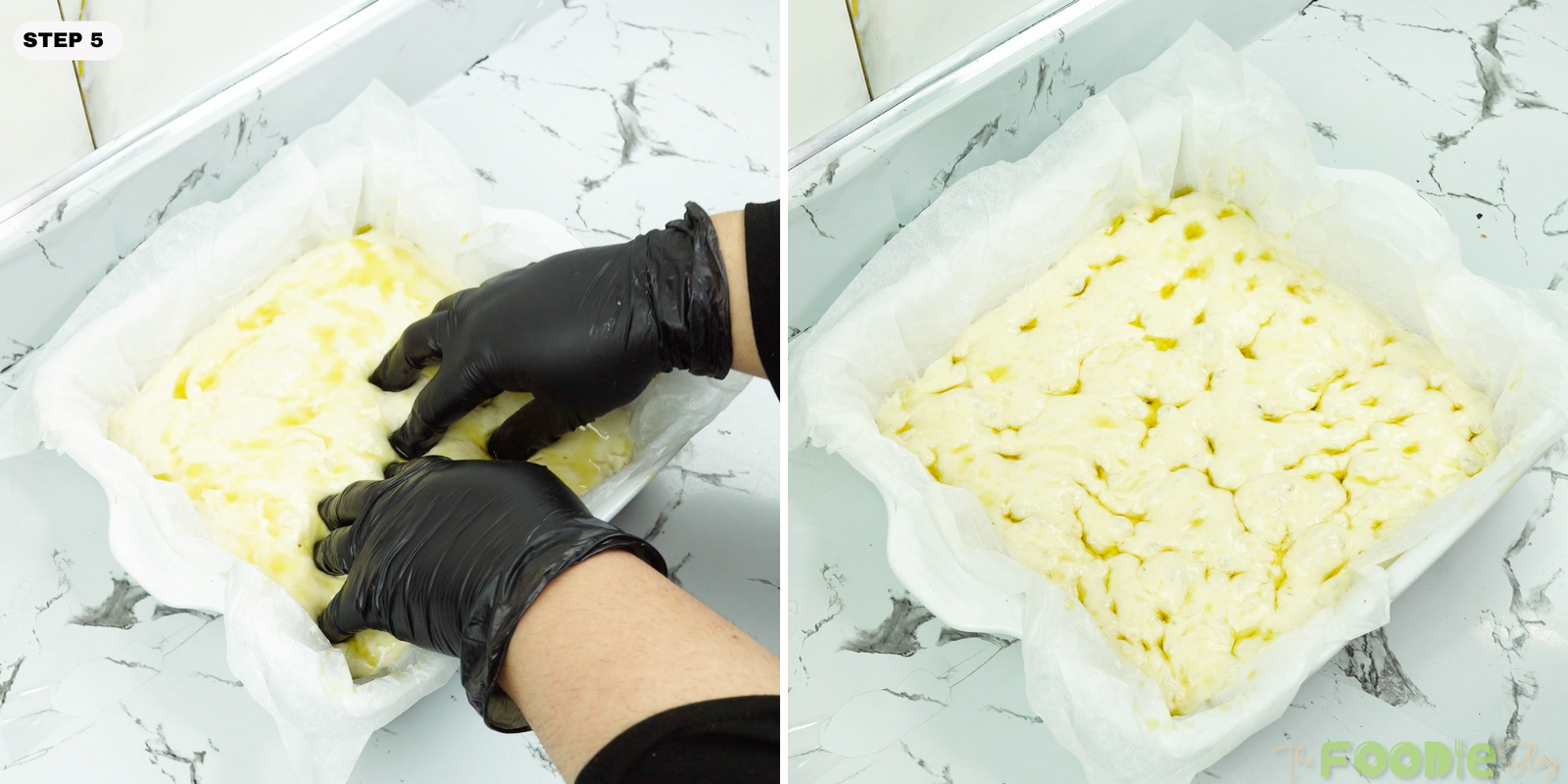 Hands pressing dimples into oiled dough in a baking dish