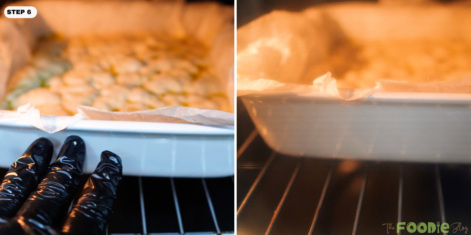 Baking dish in the oven with the bread rising and browning