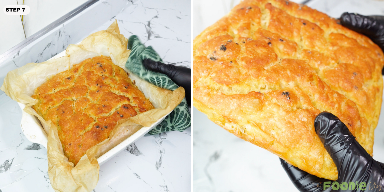 Freshly baked focaccia-style bread being lifted from the baking dish