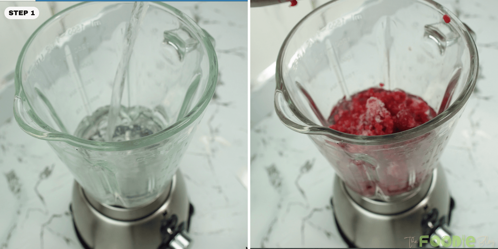 Blender jar with cold water being poured and raspberries added inside